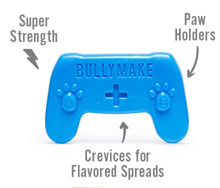 Blue dog toy shaped like a controller with text indicating features on a white background