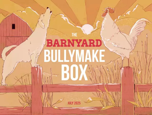 Illustration of a dog and chicken on a fence with 'The Barnyard Bullymake Box' text against a sunset background.